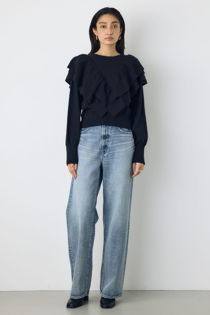 ラッフルショルダーニットトップス BLK FREE