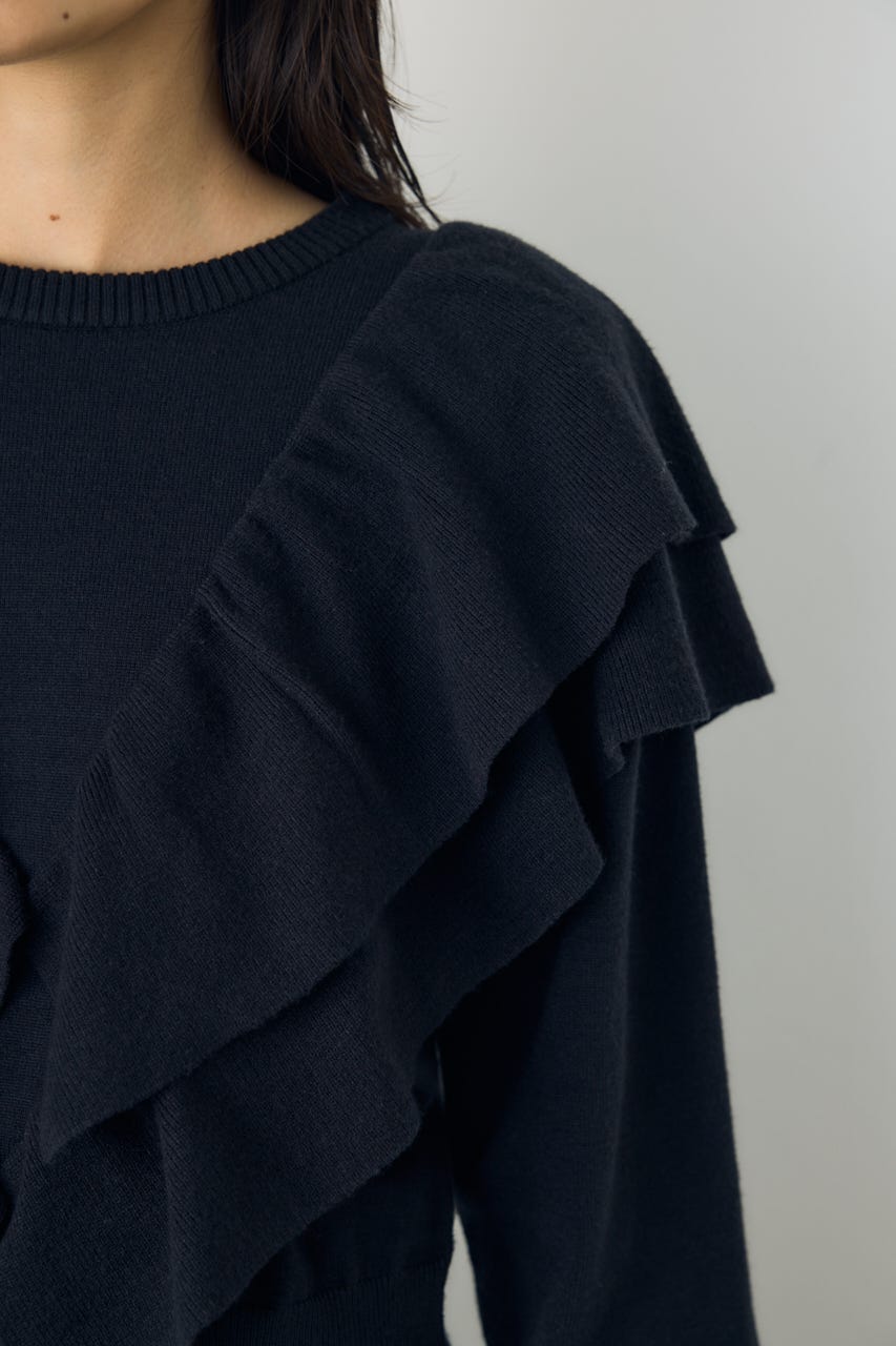 ラッフルショルダーニットトップス BLK FREE