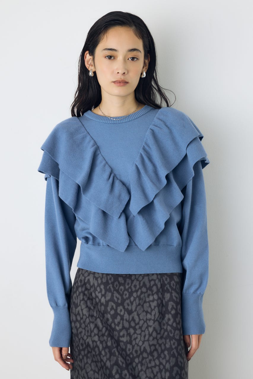 ラッフルショルダーニットトップス L/BLU FREE
