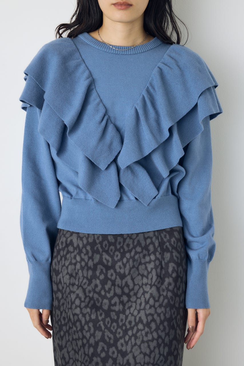 ラッフルショルダーニットトップス L/BLU FREE