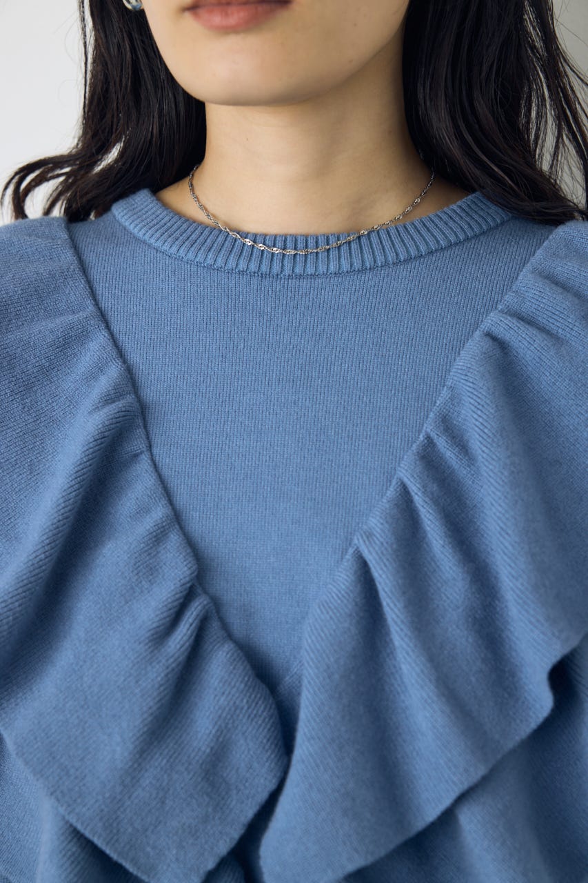 ラッフルショルダーニットトップス L/BLU FREE