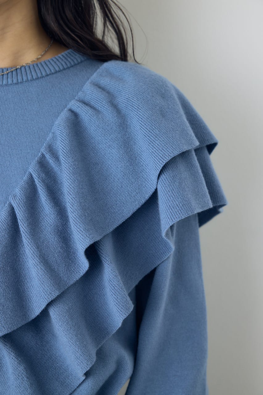 ラッフルショルダーニットトップス L/BLU FREE