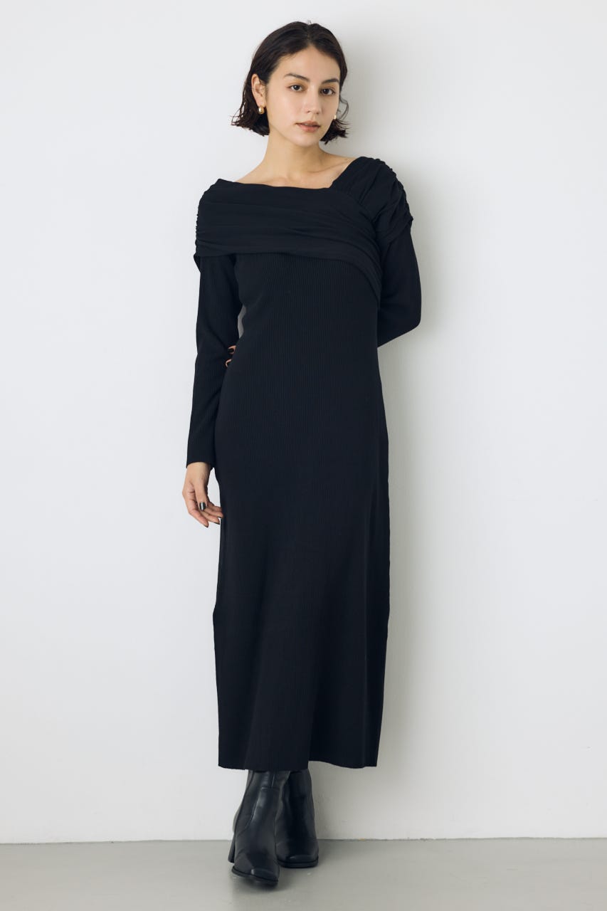 アシンメトリーネックリブニットワンピース BLK S