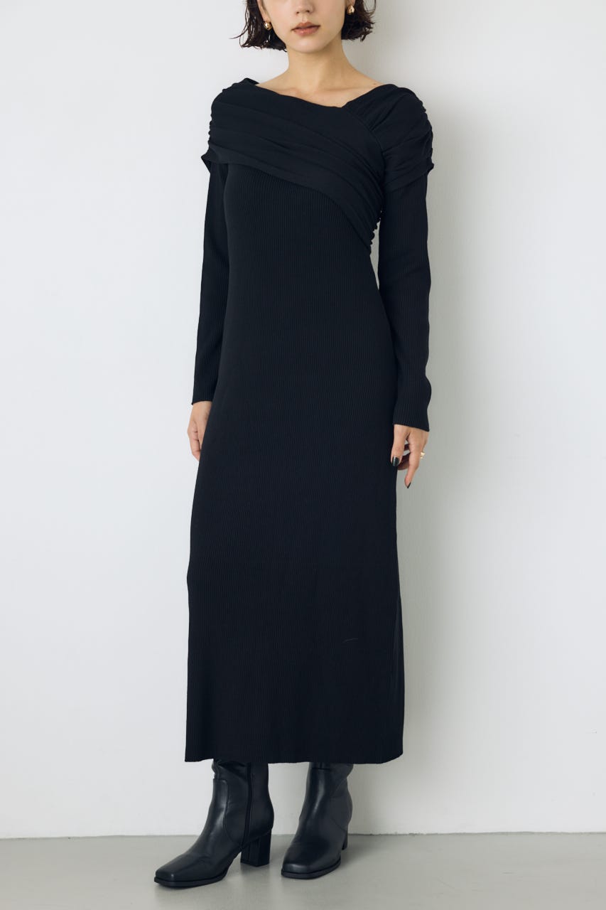 アシンメトリーネックリブニットワンピース BLK S