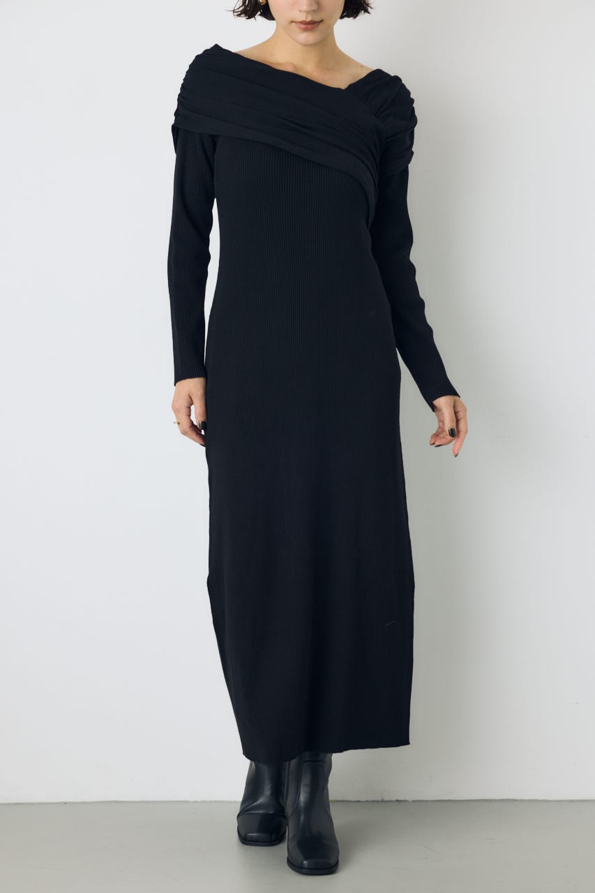 アシンメトリーネックリブニットワンピース BLK S