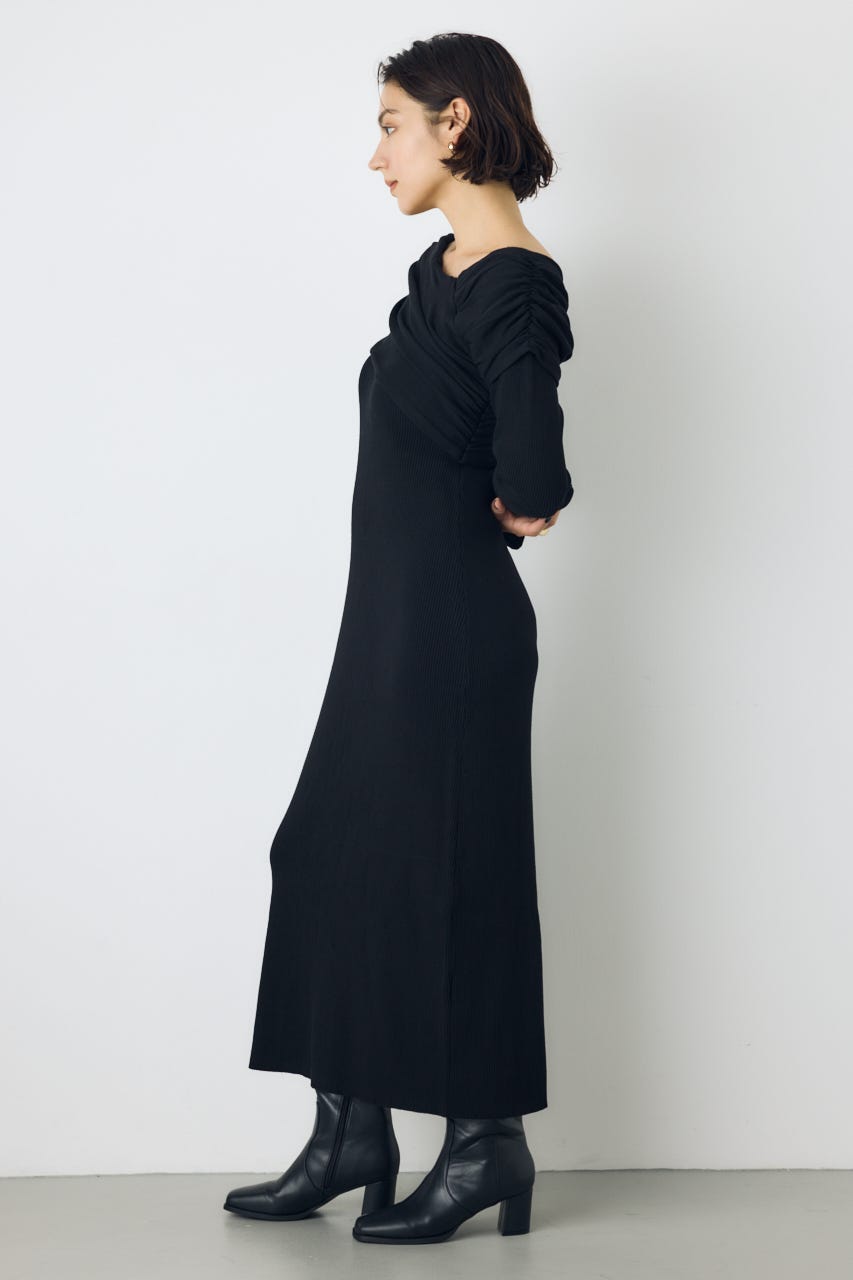 アシンメトリーネックリブニットワンピース BLK S
