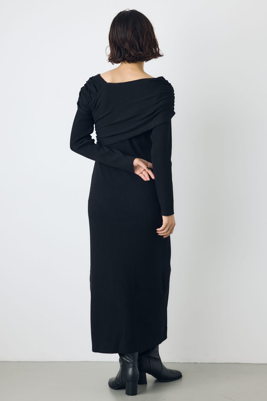アシンメトリーネックリブニットワンピース BLK S