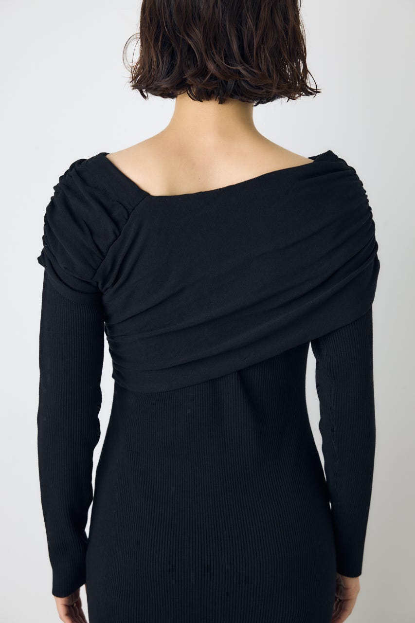 アシンメトリーネックリブニットワンピース BLK S