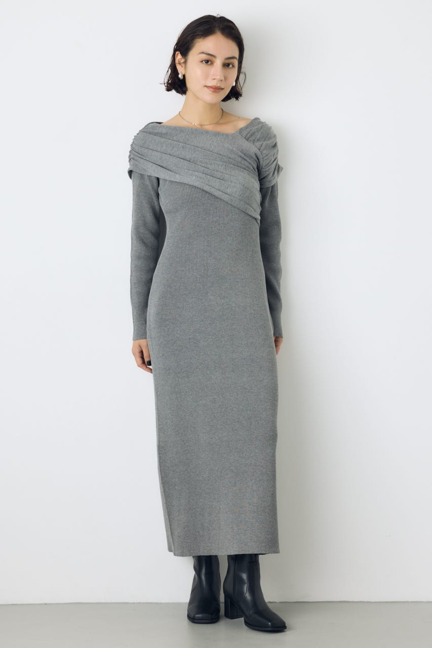 アシンメトリーネックリブニットワンピース T.GRY S