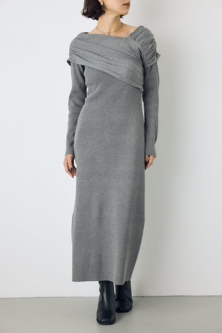 アシンメトリーネックリブニットワンピース T.GRY S