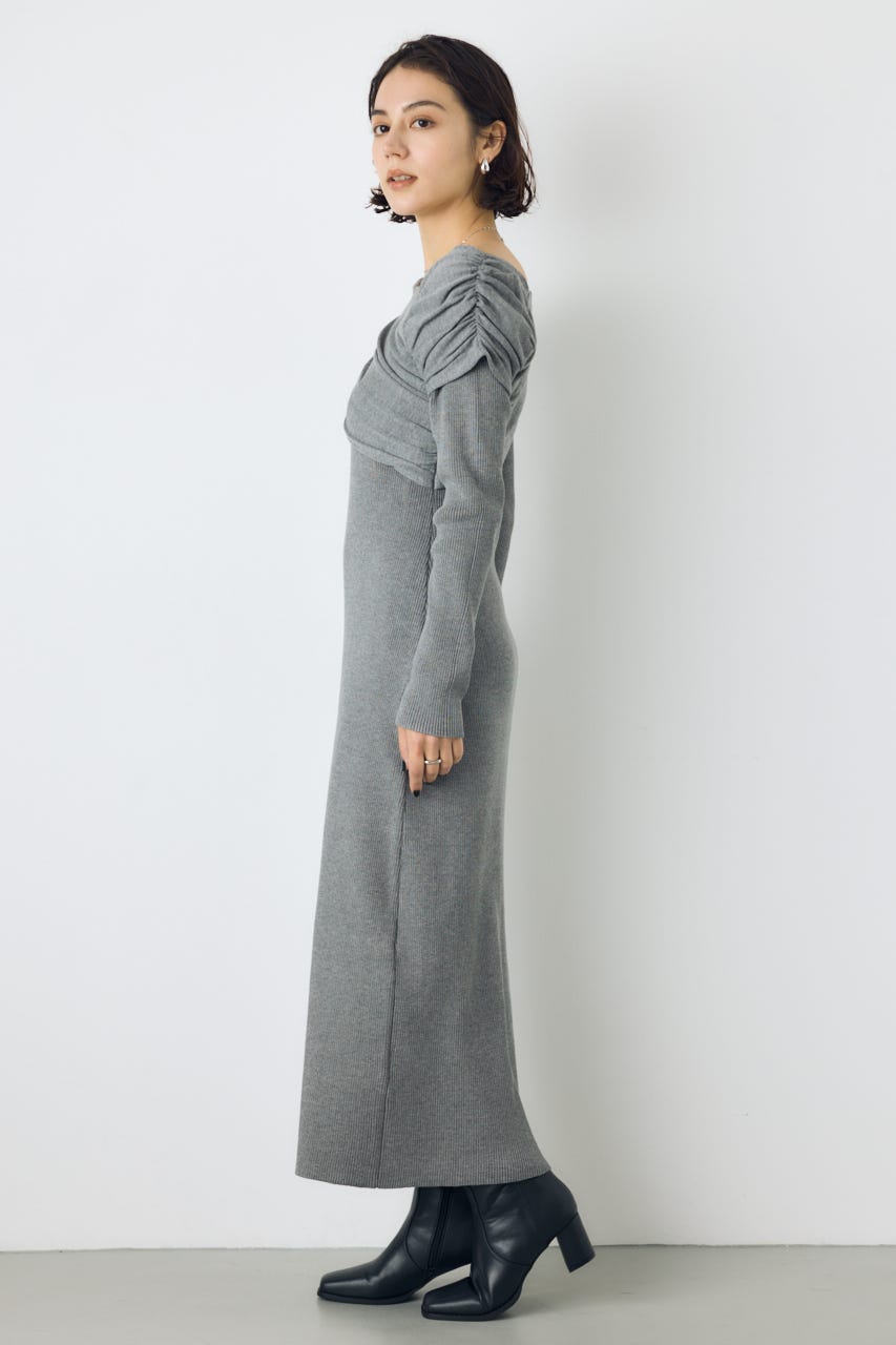 アシンメトリーネックリブニットワンピース T.GRY S