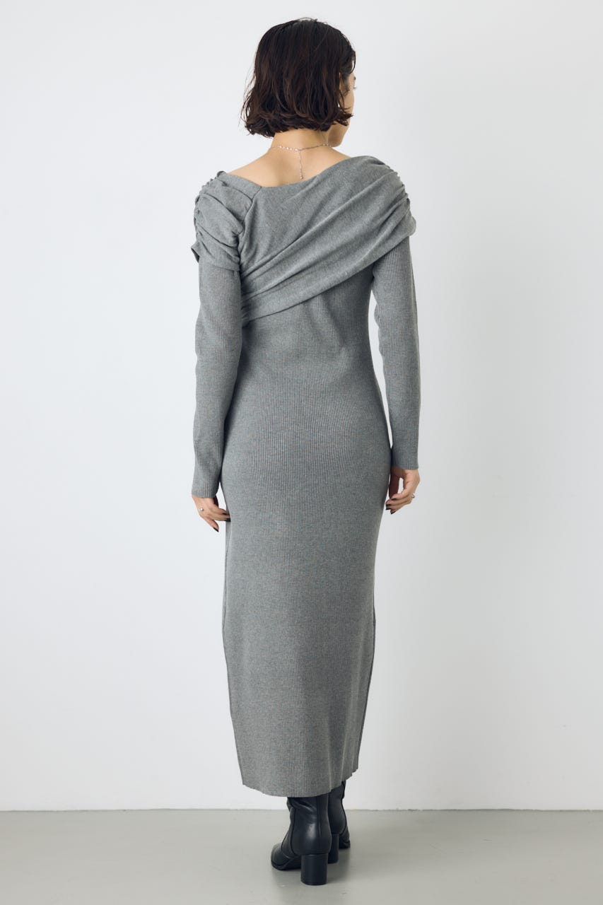 アシンメトリーネックリブニットワンピース T.GRY S