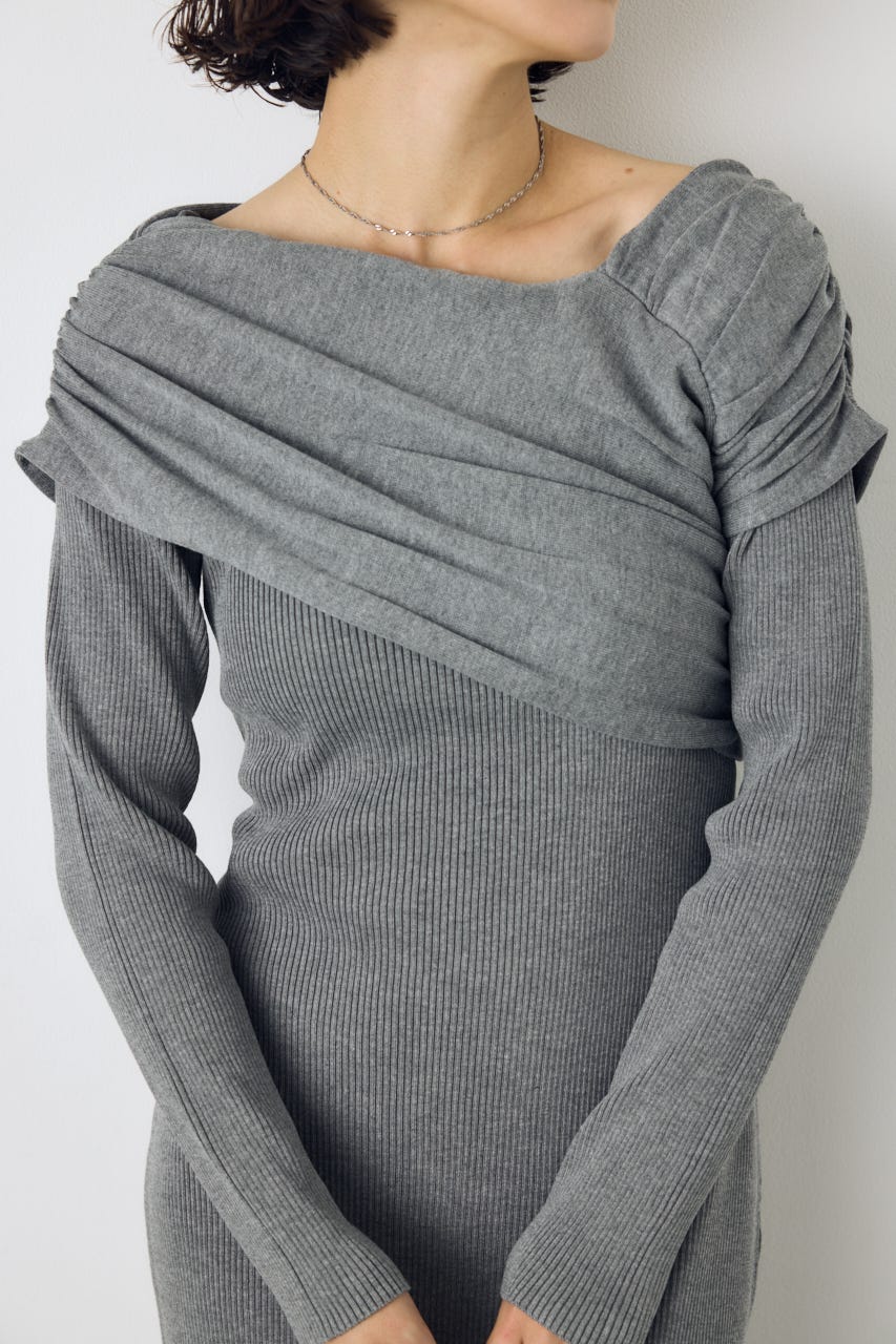 アシンメトリーネックリブニットワンピース T.GRY S