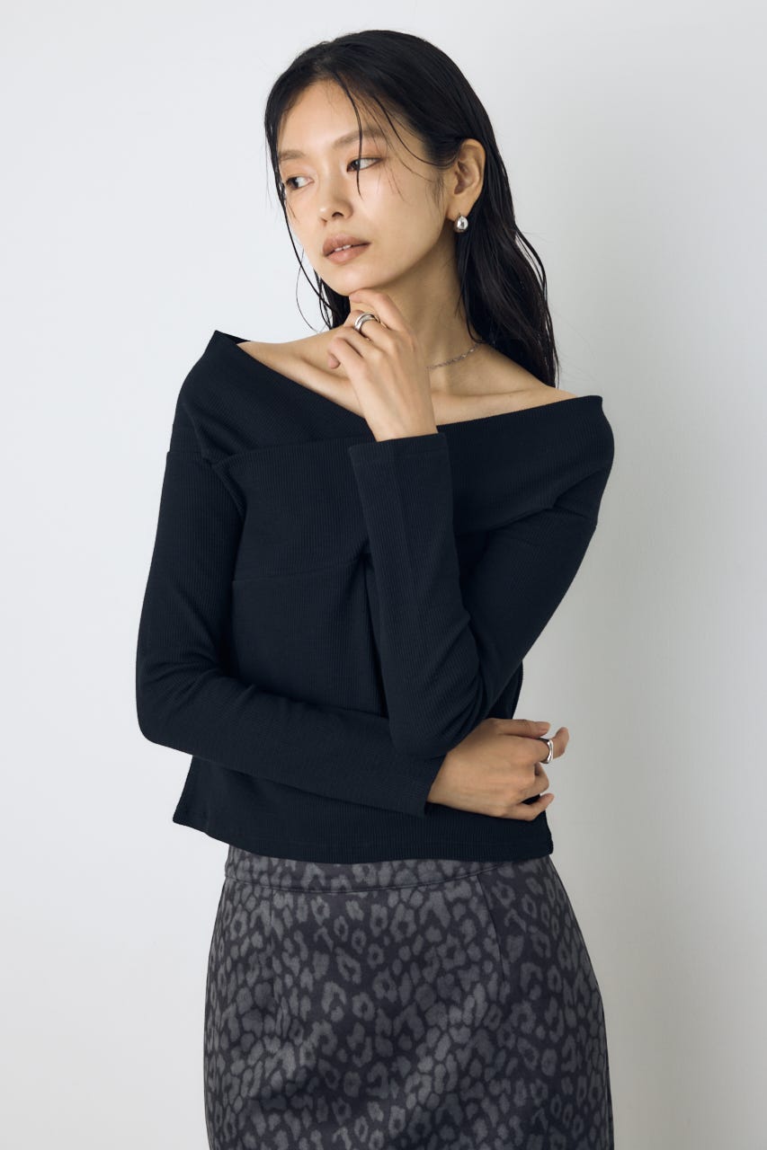クロスデザイン長袖カットトップス BLK FREE