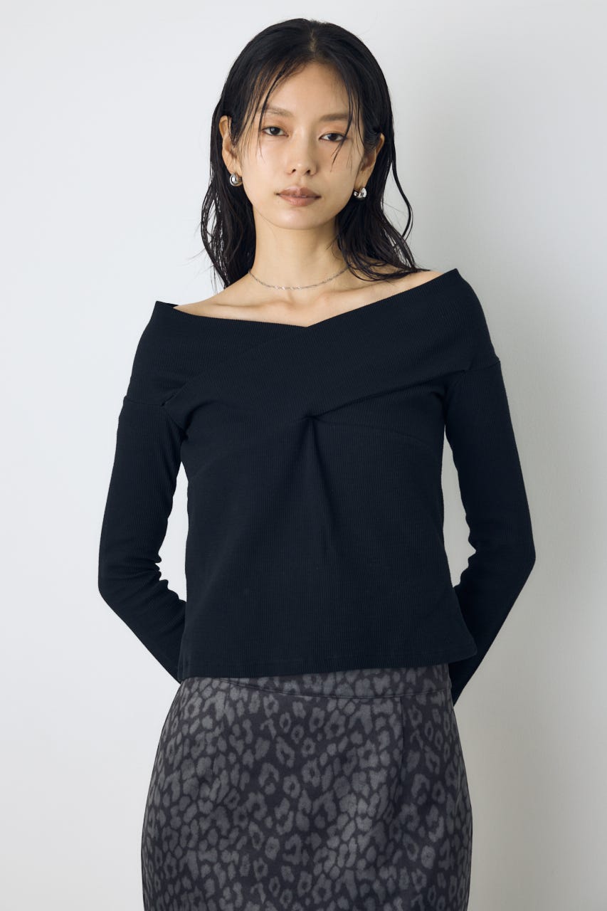 クロスデザイン長袖カットトップス BLK FREE