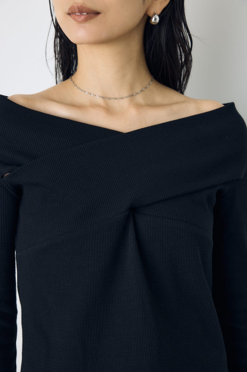 クロスデザイン長袖カットトップス BLK FREE