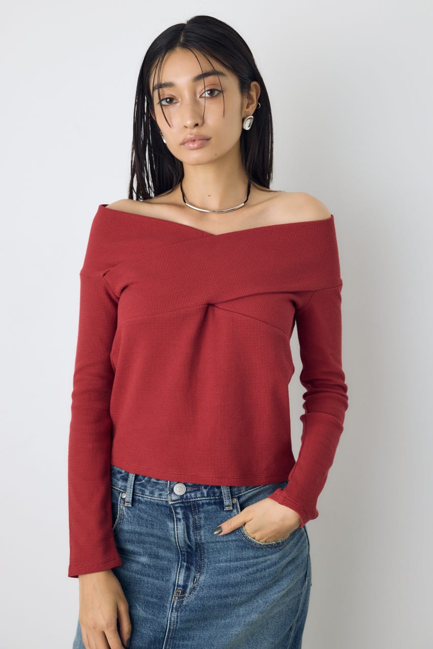 クロスデザイン長袖カットトップス RED FREE