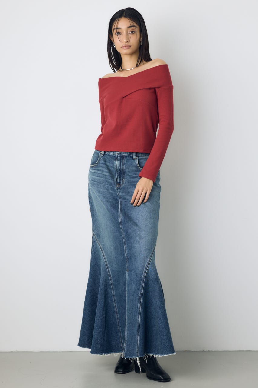クロスデザイン長袖カットトップス RED FREE