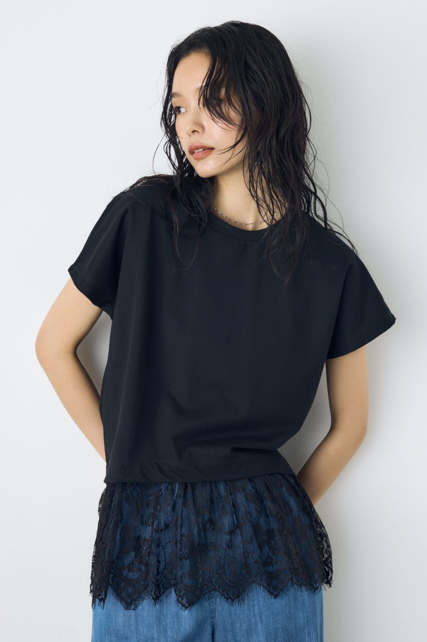 レースドッキングトップス(ネイビー) AZUL BY MOUSSY | 【接触冷感】裾レースドッキングトップス (Tシャツ