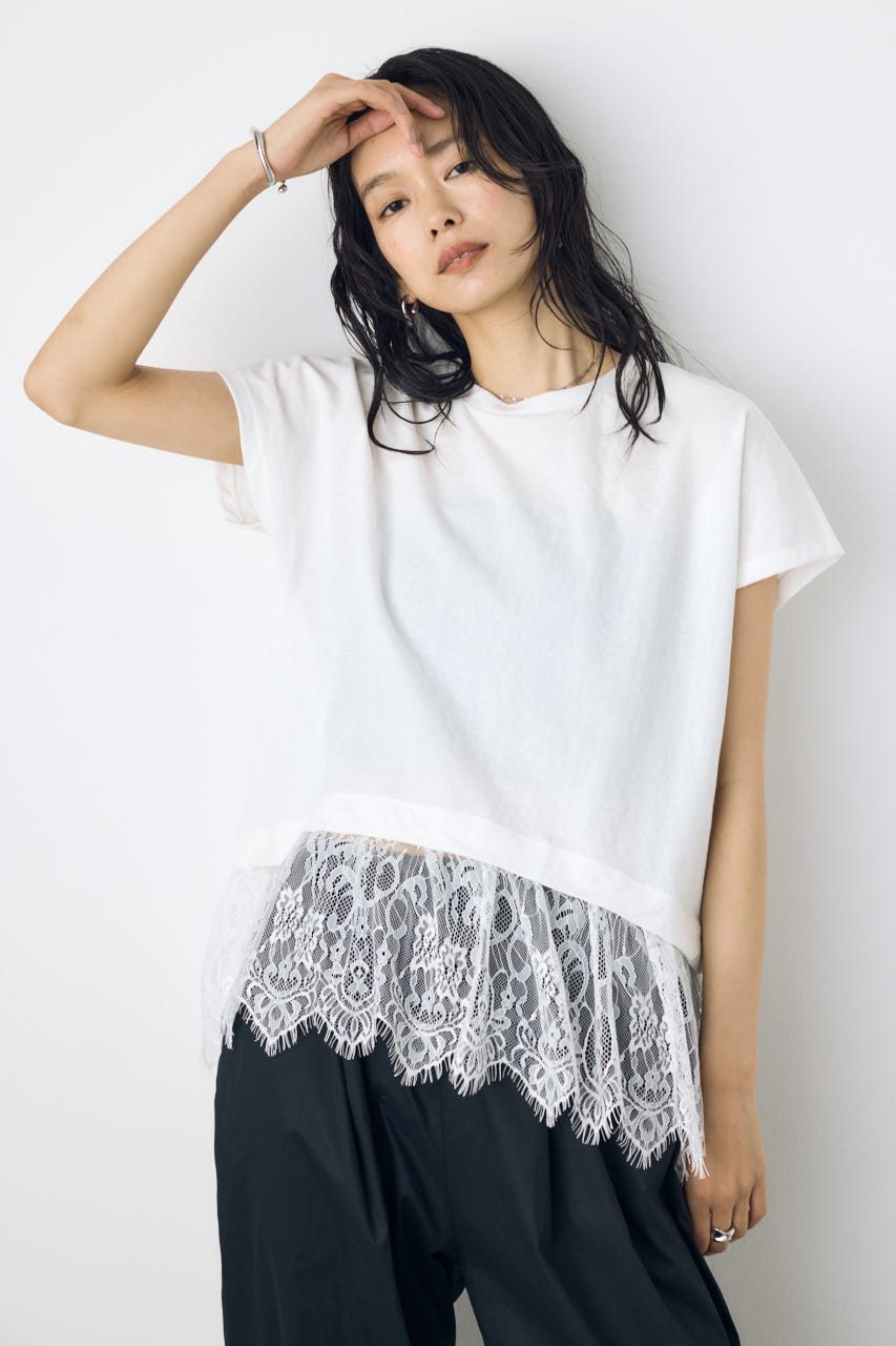 レースドッキングトップス(ネイビー) AZUL BY MOUSSY | 【接触冷感】裾レースドッキングトップス (Tシャツ