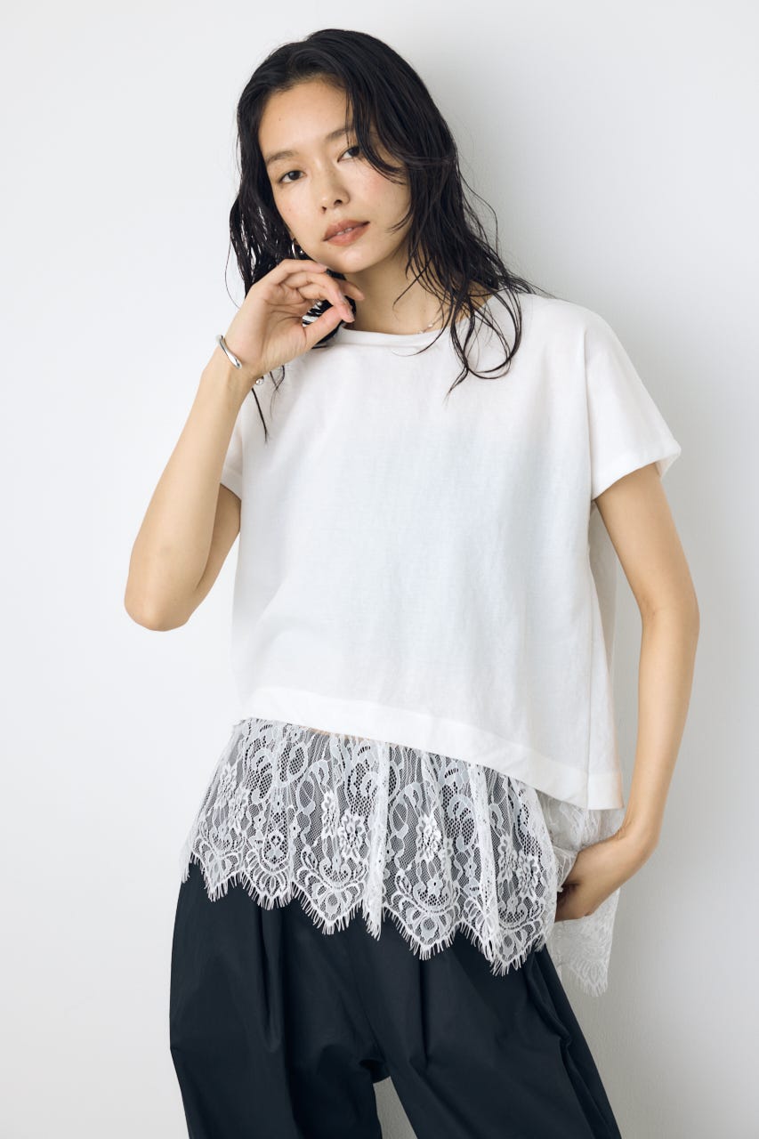 【接触冷感】裾レースドッキングトップス O/WHT FREE