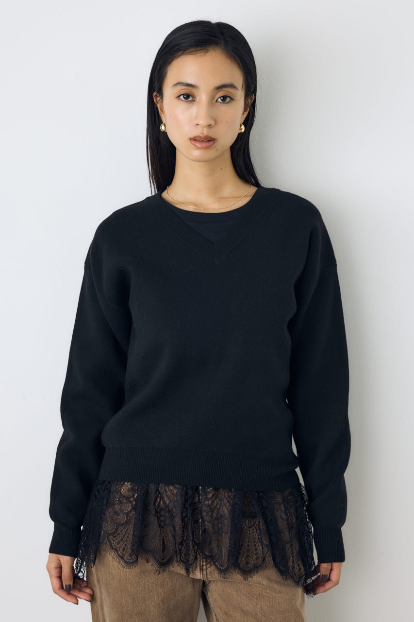 【AW先行アイテム】ヘムレースドッキング長袖トップス BLK FREE