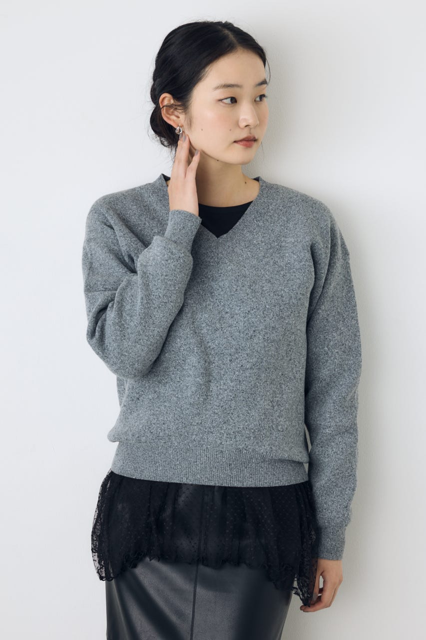 【AW先行アイテム】ヘムレースドッキング長袖トップス 柄BLK FREE