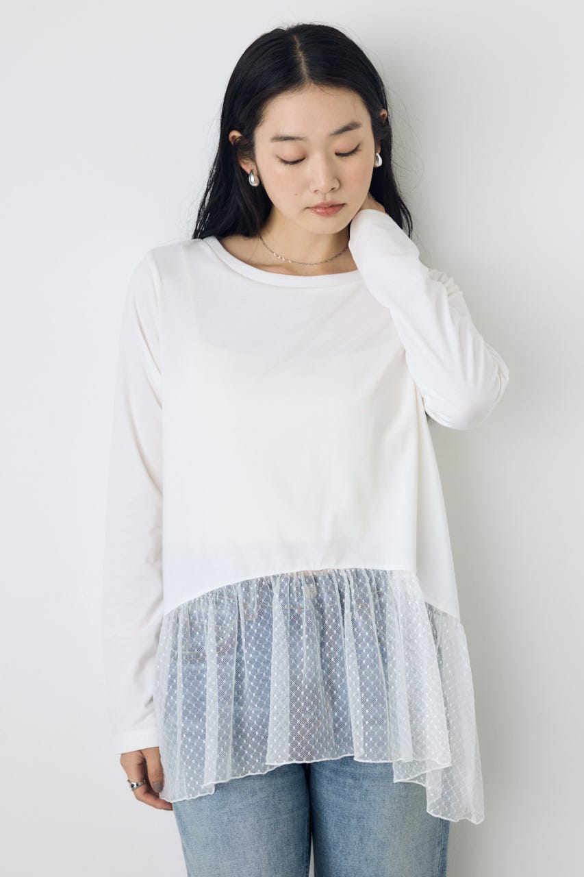 【AW先行アイテム】ヘムレースドッキング長袖トップス 柄WHT FREE