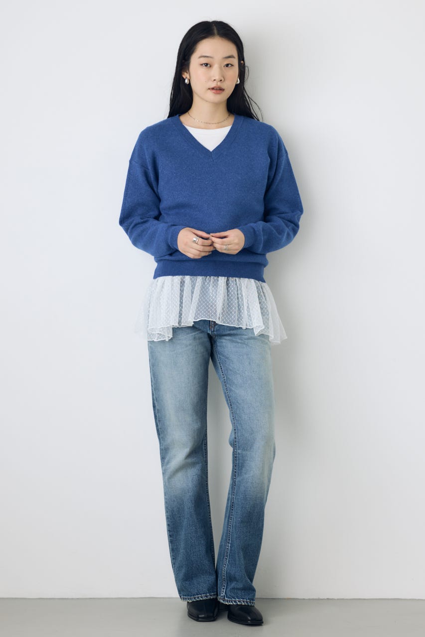 【AW先行アイテム】ヘムレースドッキング長袖トップス 柄WHT FREE