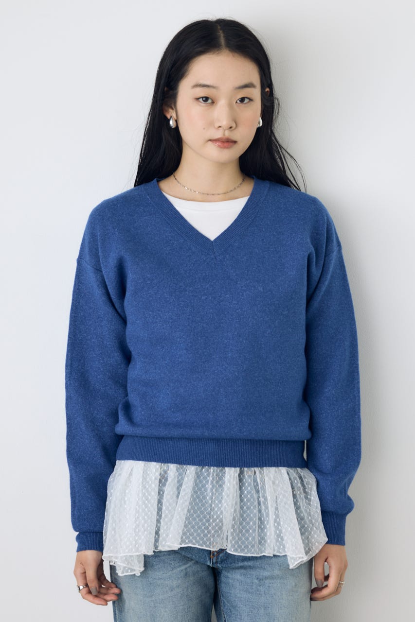 【AW先行アイテム】ヘムレースドッキング長袖トップス 柄WHT FREE