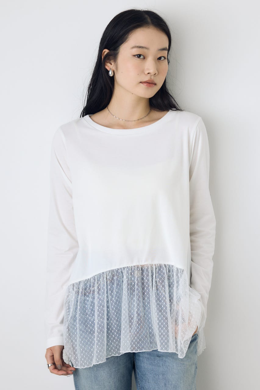 【AW先行アイテム】ヘムレースドッキング長袖トップス 柄WHT FREE