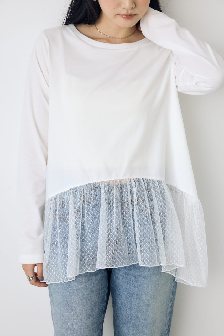 【AW先行アイテム】ヘムレースドッキング長袖トップス 柄WHT FREE