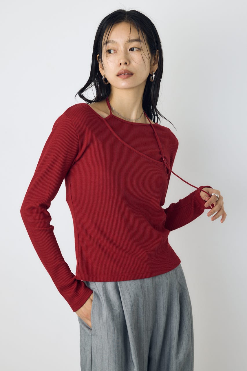 アシンメトリーフェイクレイヤードトップス RED FREE