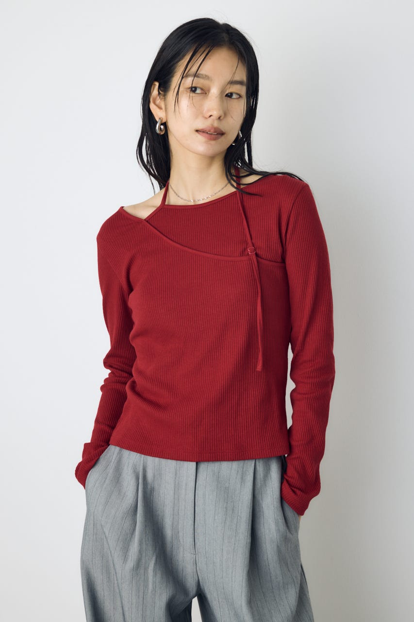アシンメトリーフェイクレイヤードトップス RED FREE