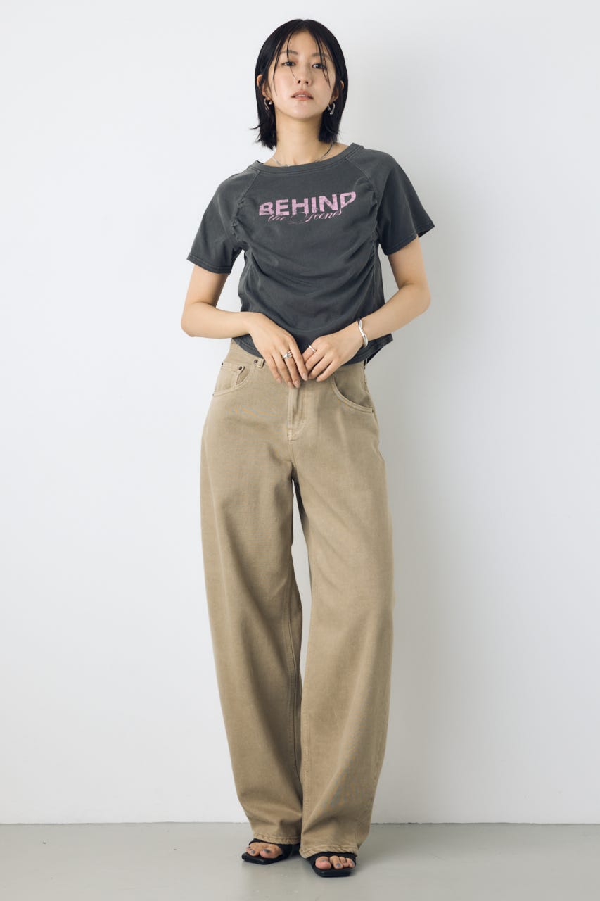フロントギャザーカラーロゴTシャツ L/BLK FREE