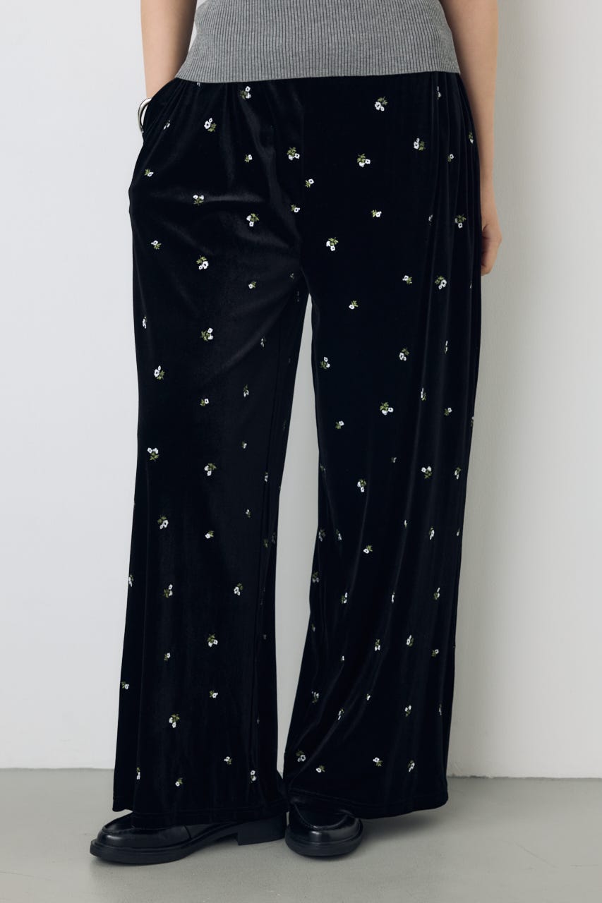 ベロア刺繍ワイドパンツ 柄BLK FREE