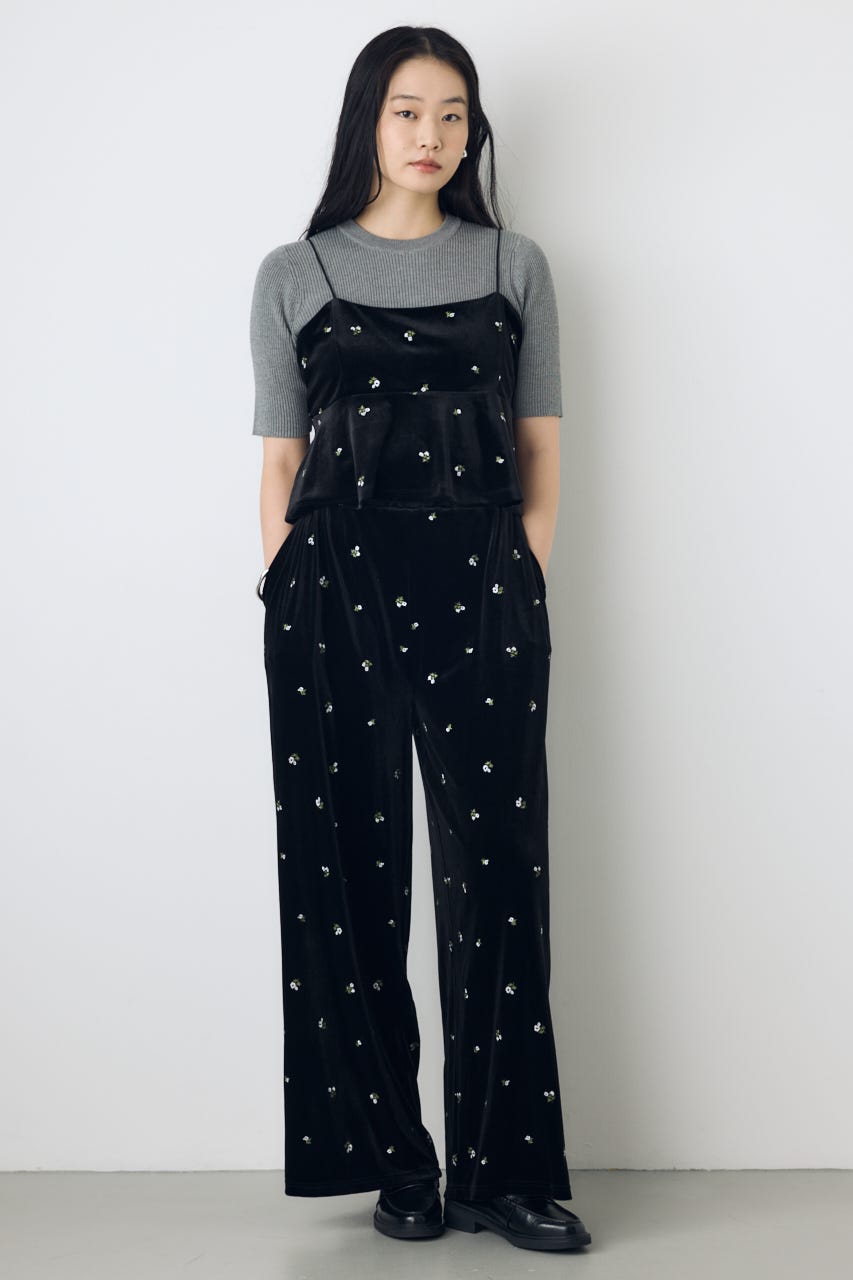 ベロア刺繍ワイドパンツ 柄BLK FREE