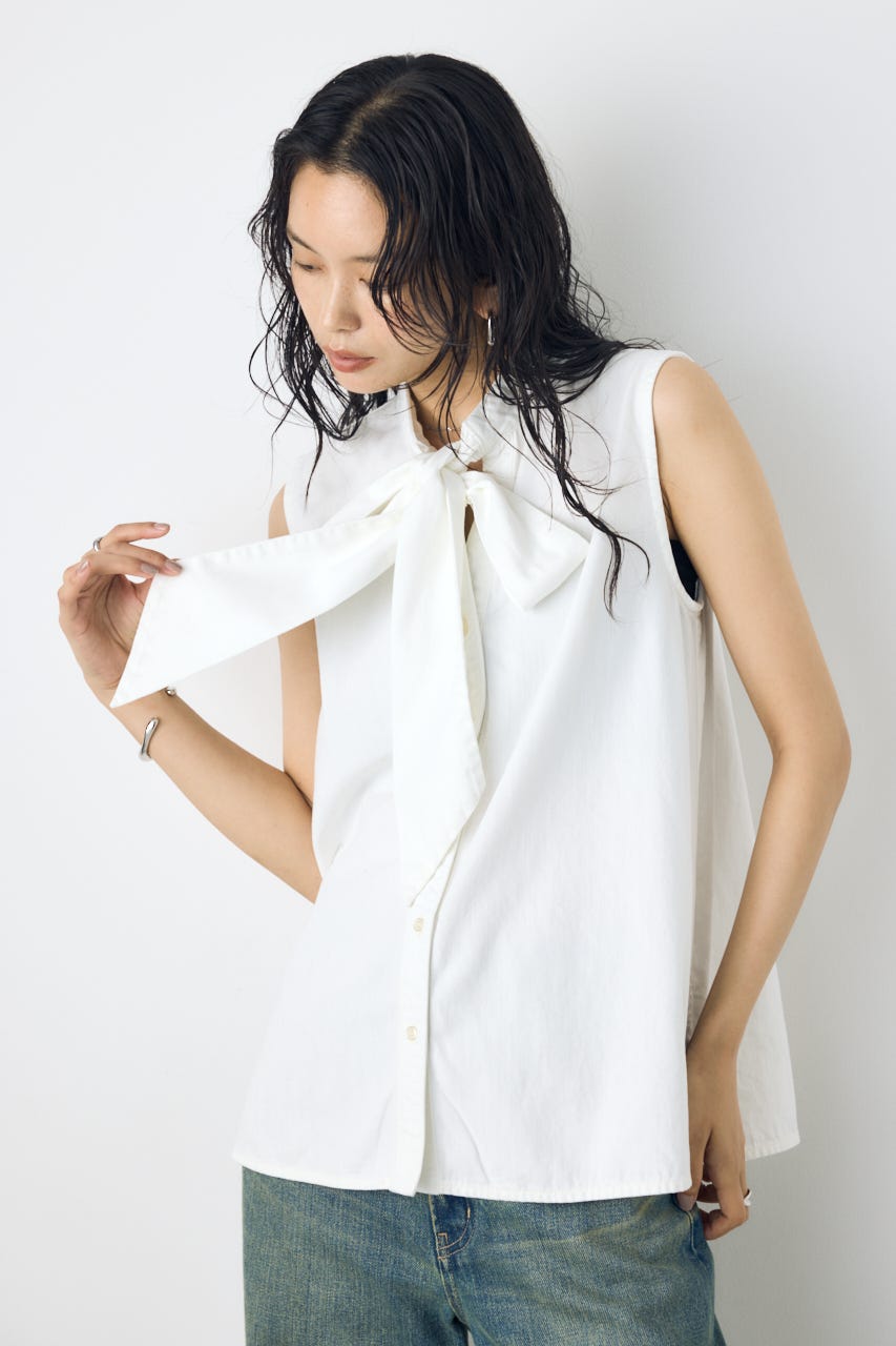 ライトオンスデニムノースリーブタイブラウス O/WHT S