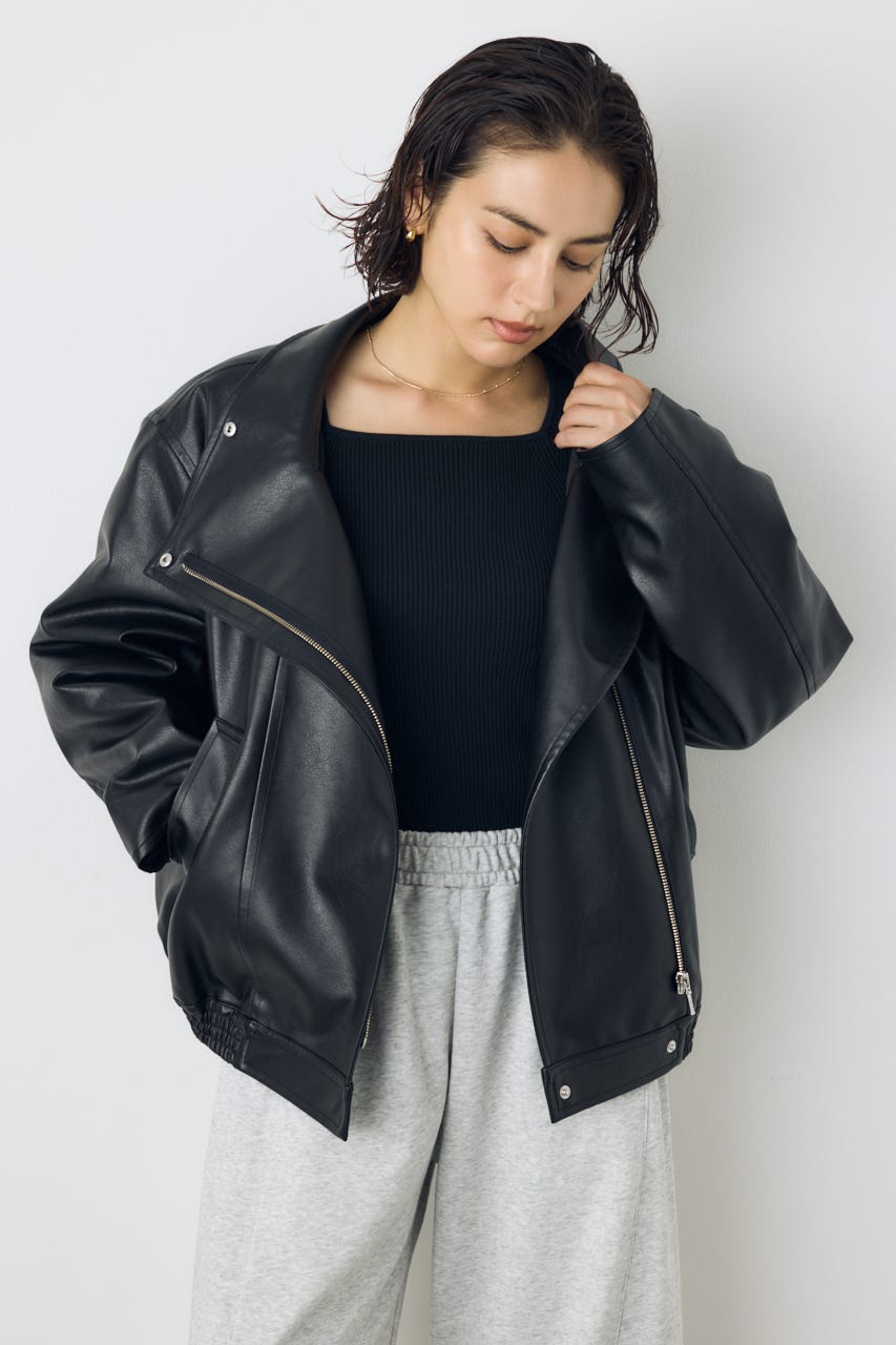 【AW先行アイテム】フェイクレザースタンド中綿キルティングブルゾン BLK M