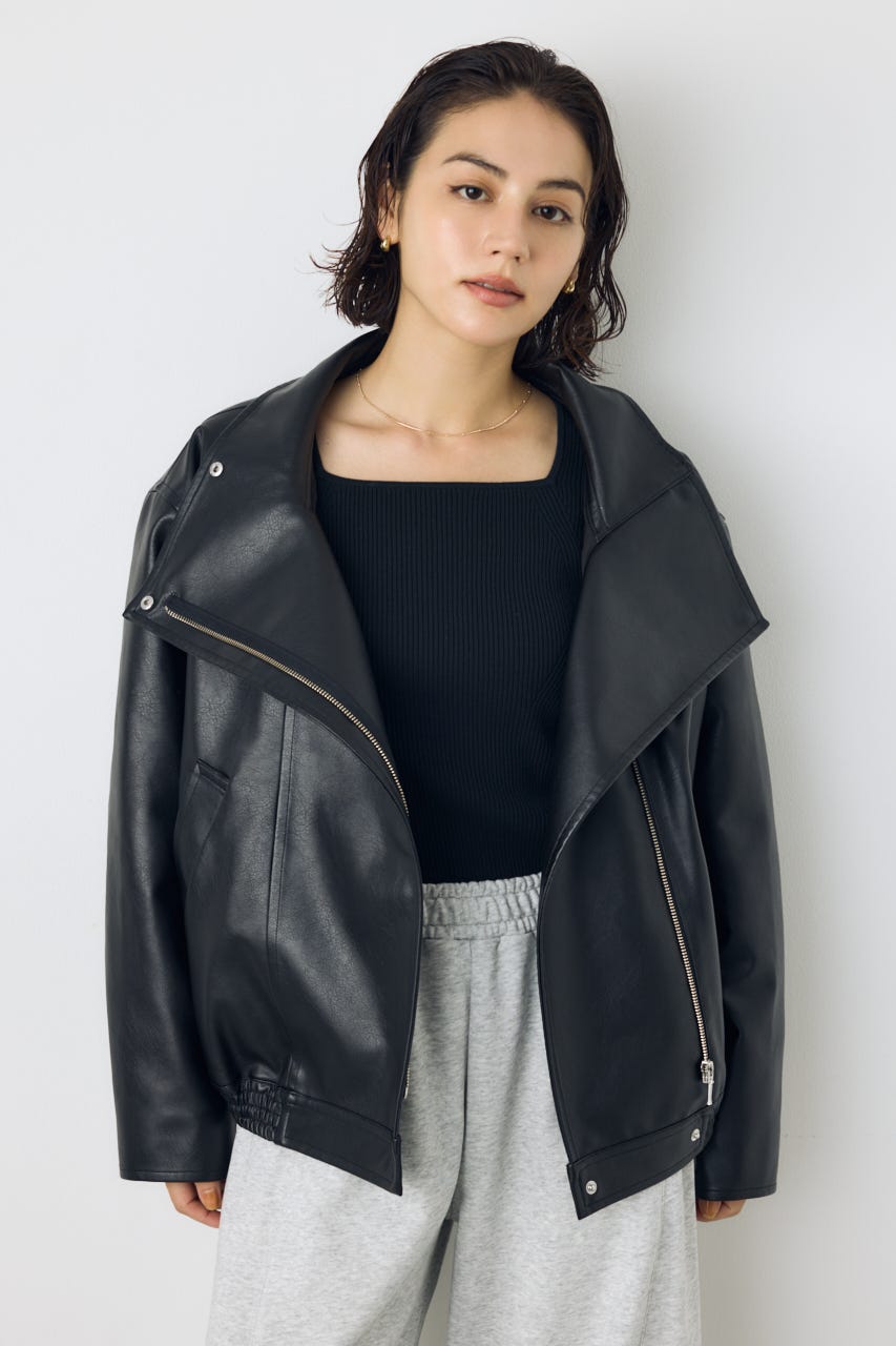 【AW先行アイテム】フェイクレザースタンド中綿キルティングブルゾン BLK M