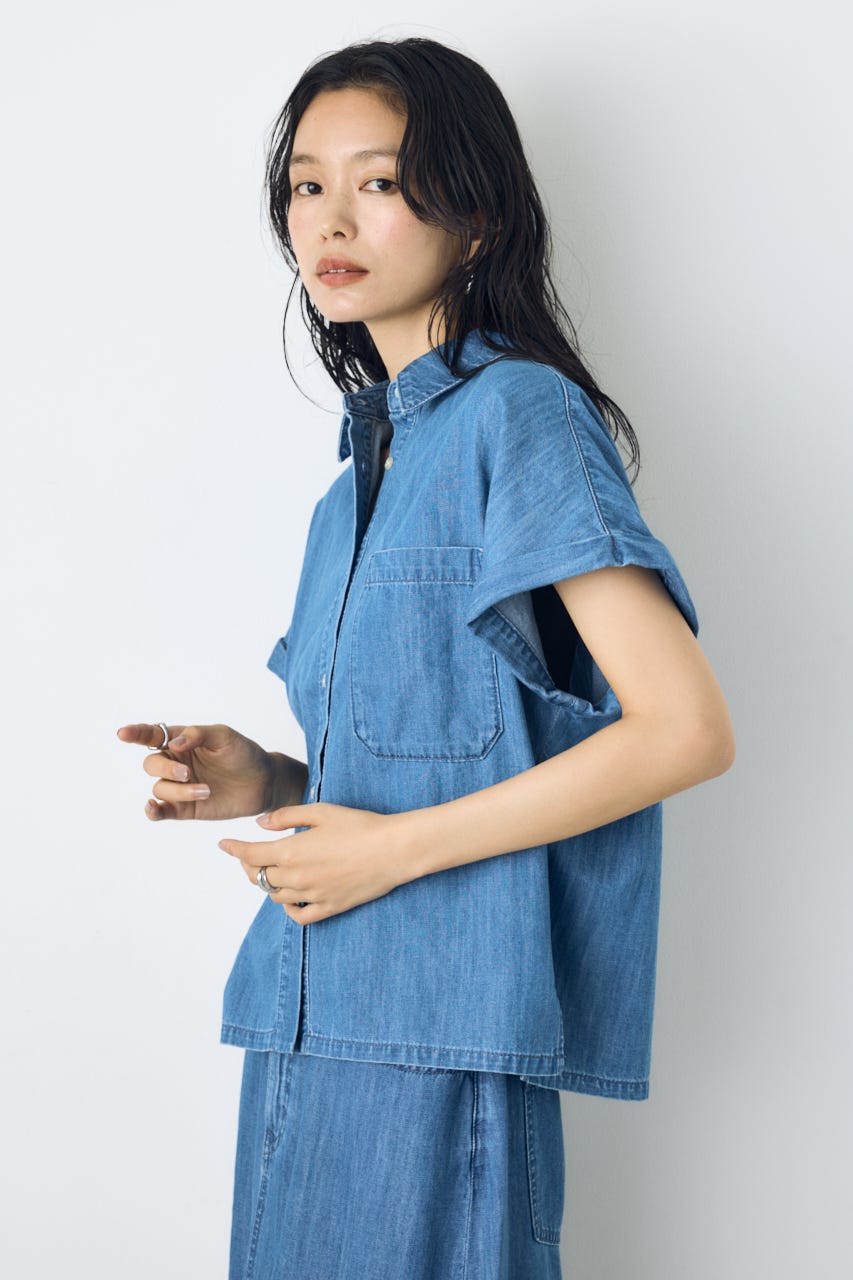 ライトオンスデニムロールアップシャツ BLU S