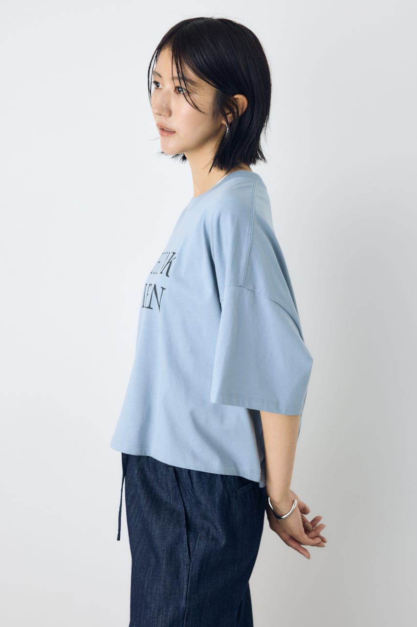 ドロップショルダーロゴ5分袖Tシャツ L/BLU M