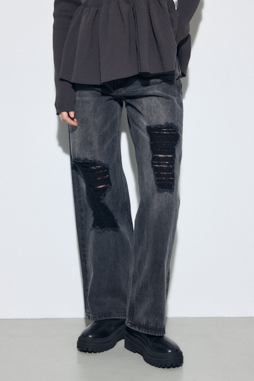 AZUL DENIM レースワイドデニム L/BLK M