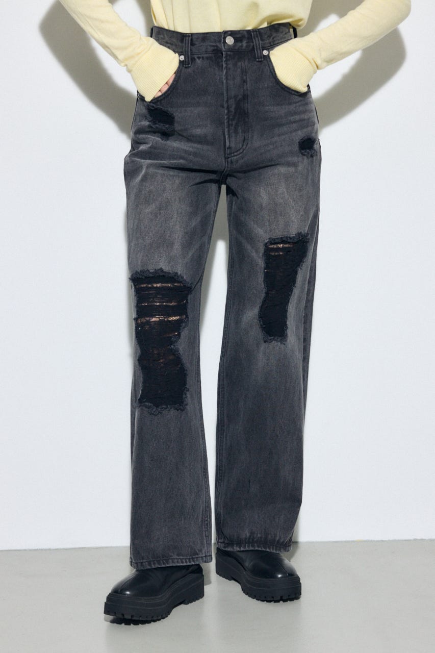 AZUL DENIM レースワイドデニム L/BLK M