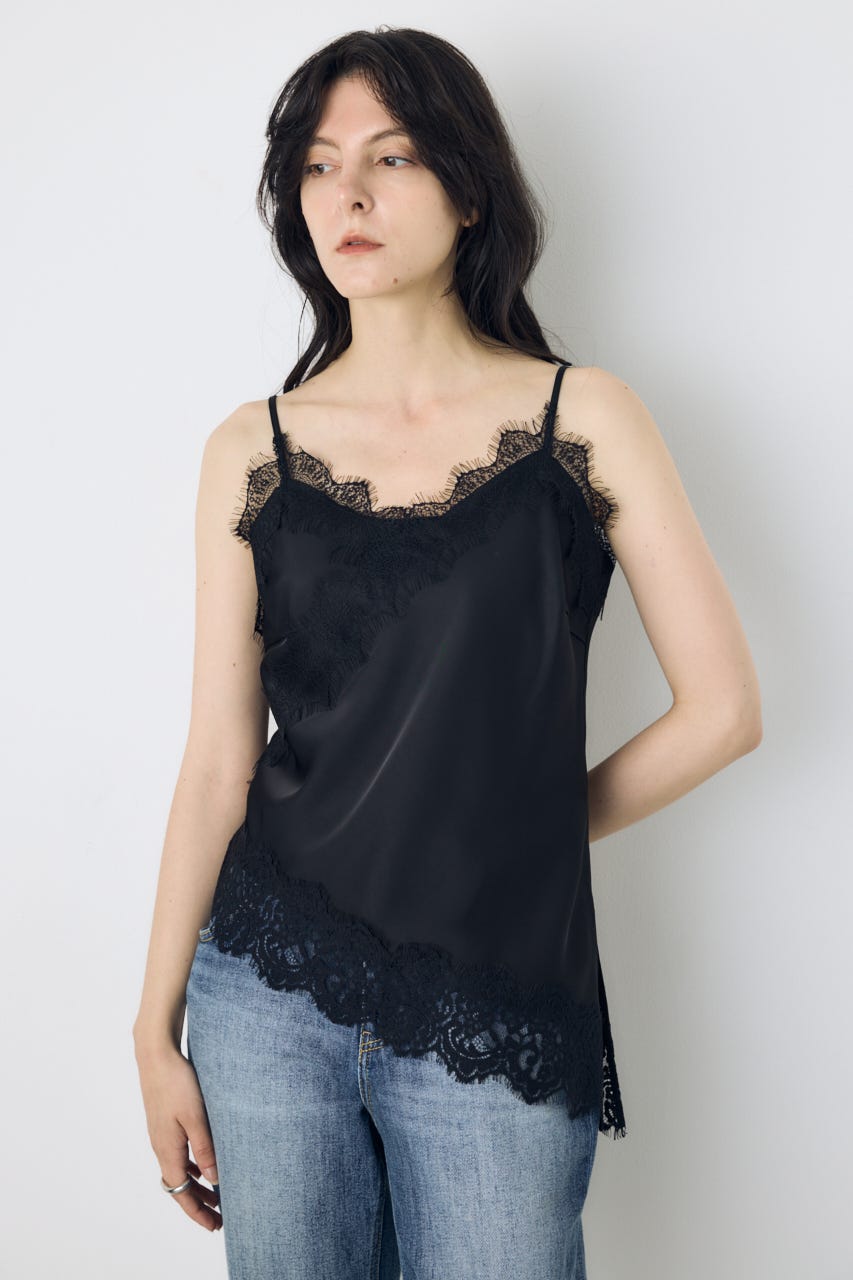 【着丈バリエ】レースサテンアシメキャミソール BLK M