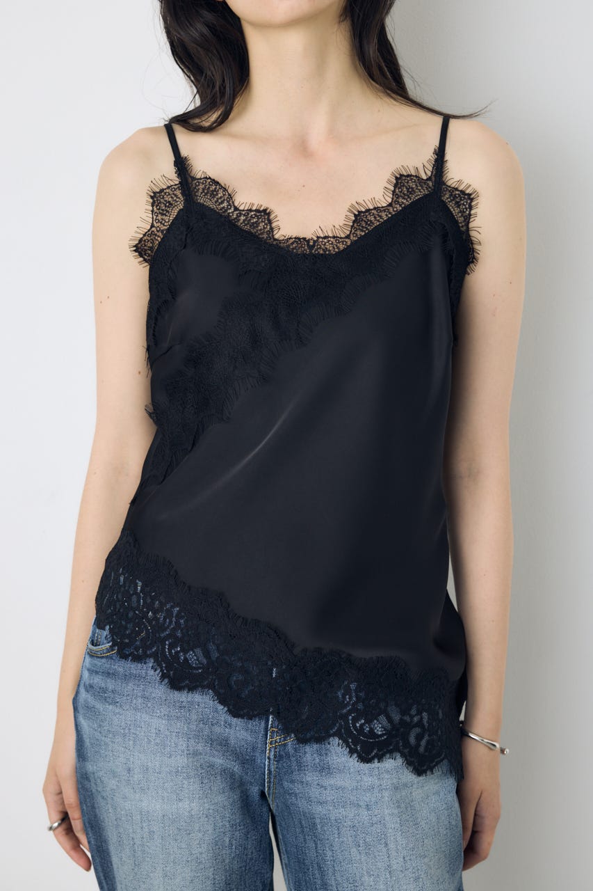 【着丈バリエ】レースサテンアシメキャミソール BLK M