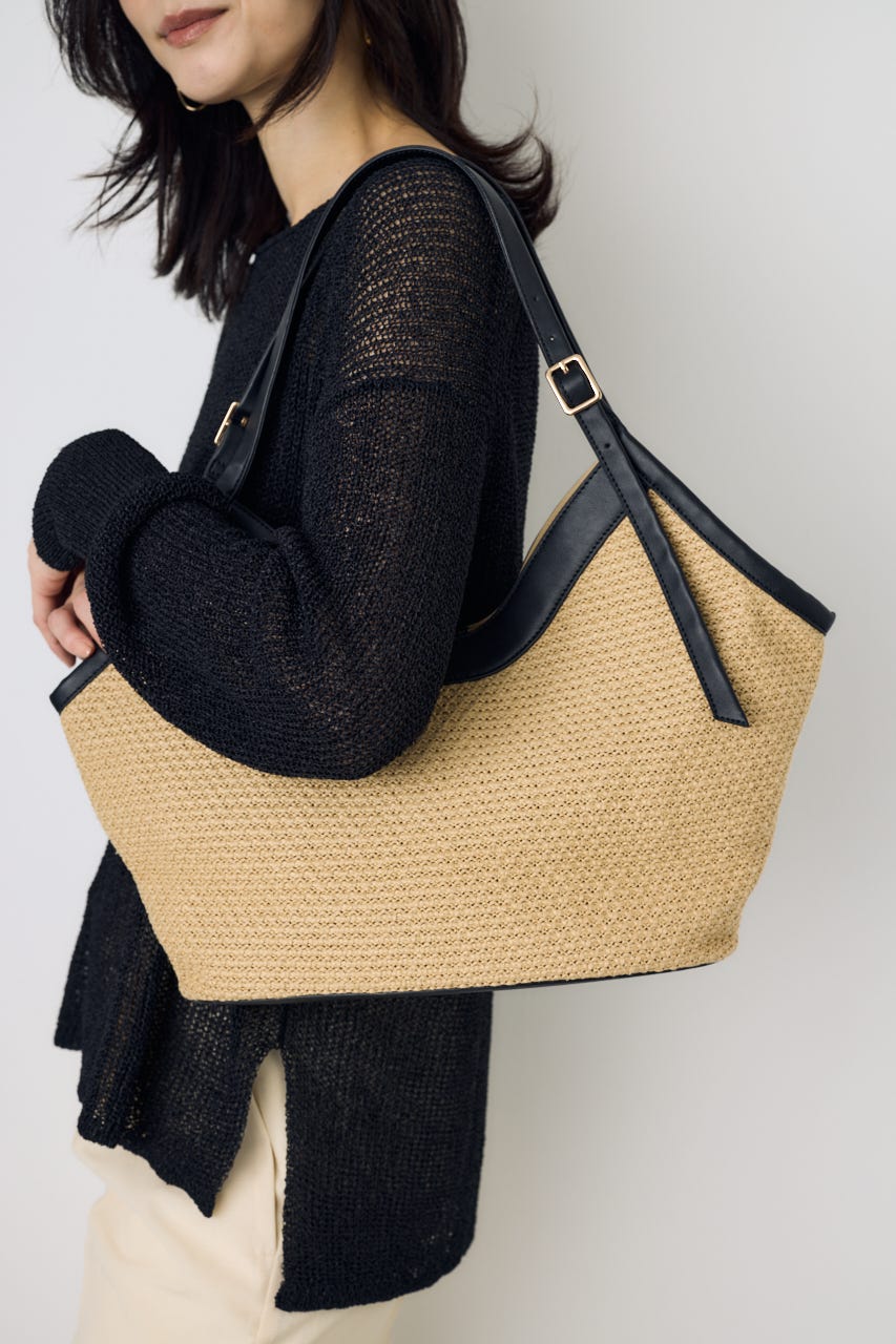 フェイクレザーパイピング雑材トートバッグ BLK FREE