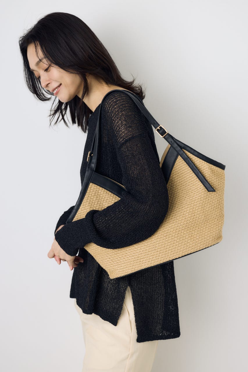 フェイクレザーパイピング雑材トートバッグ BLK FREE