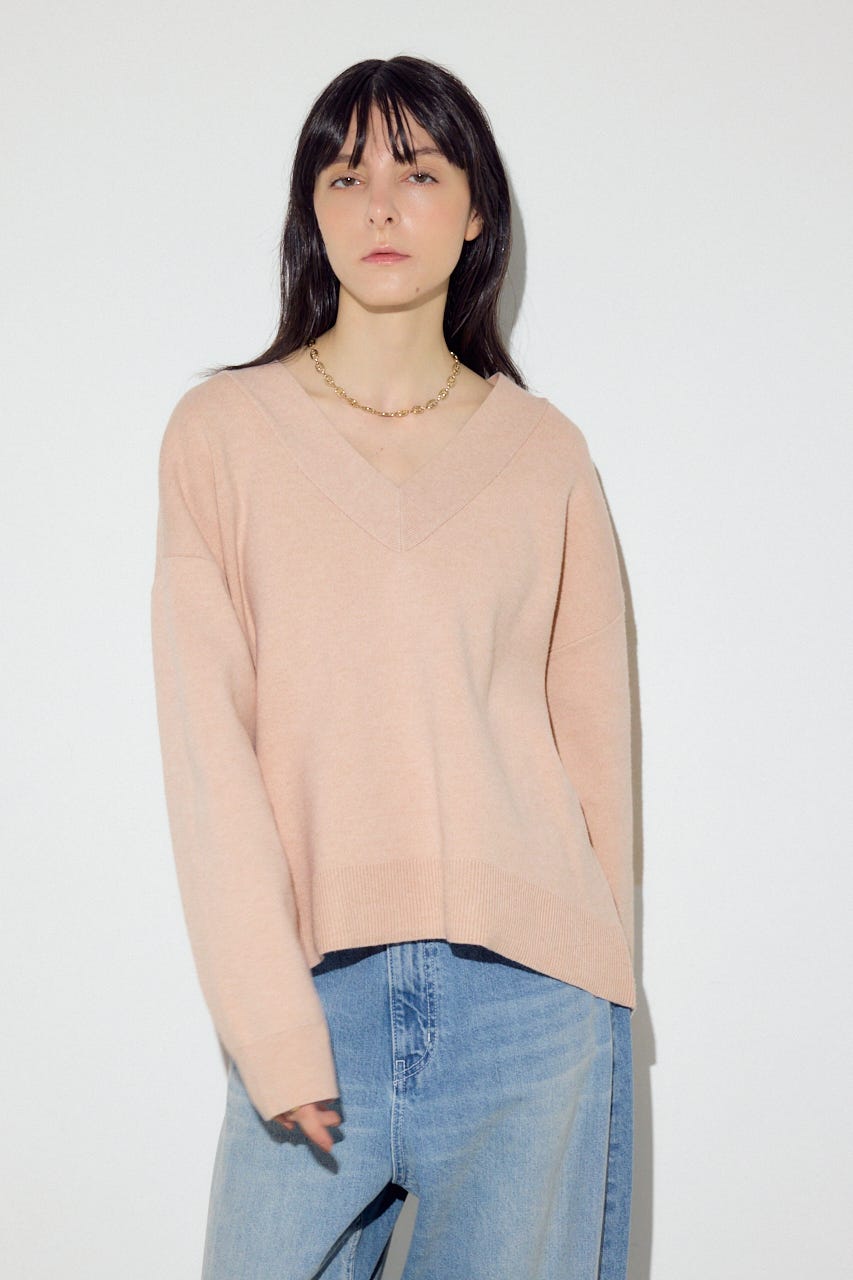 スウェットライクVネックニット L/PNK S