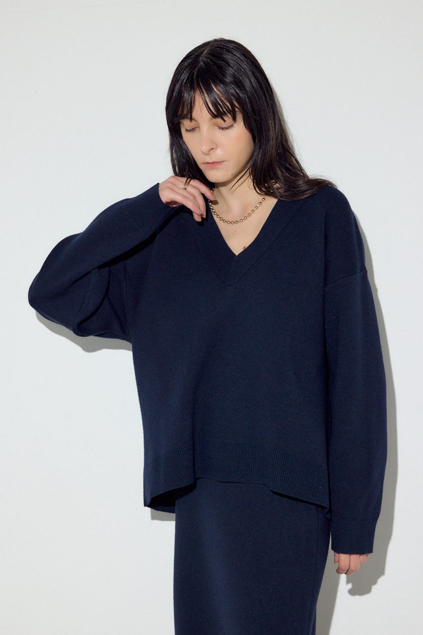 スウェットライクVネックニット NVY S